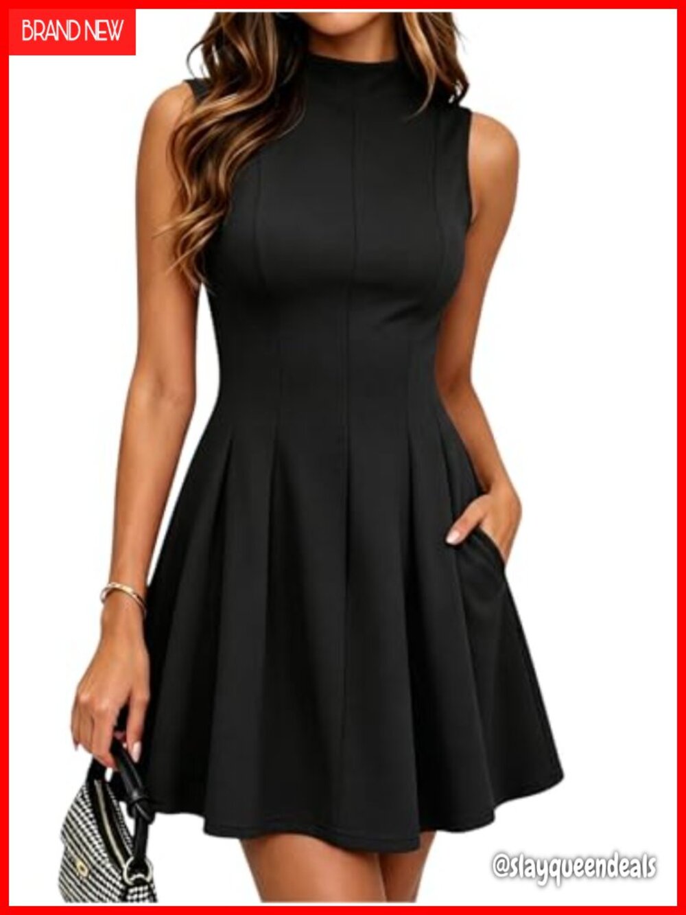 Women Sleeveless A-Line Mini Dress with Pockets Mock Neck